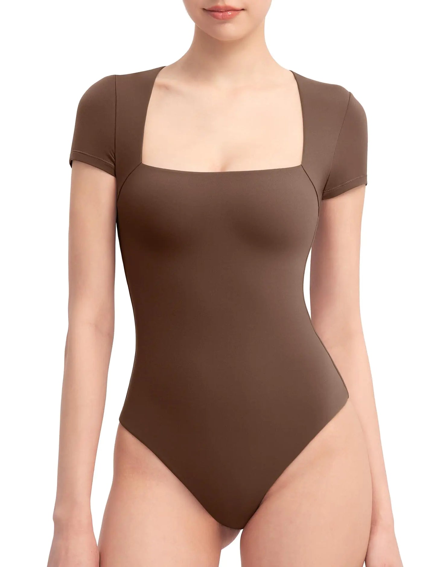 PUMIEY Square Neck Bodysuits For Women Short Sleeve Body Suit Slimming Going Out Tops Womens Clothing ChocolateMedium