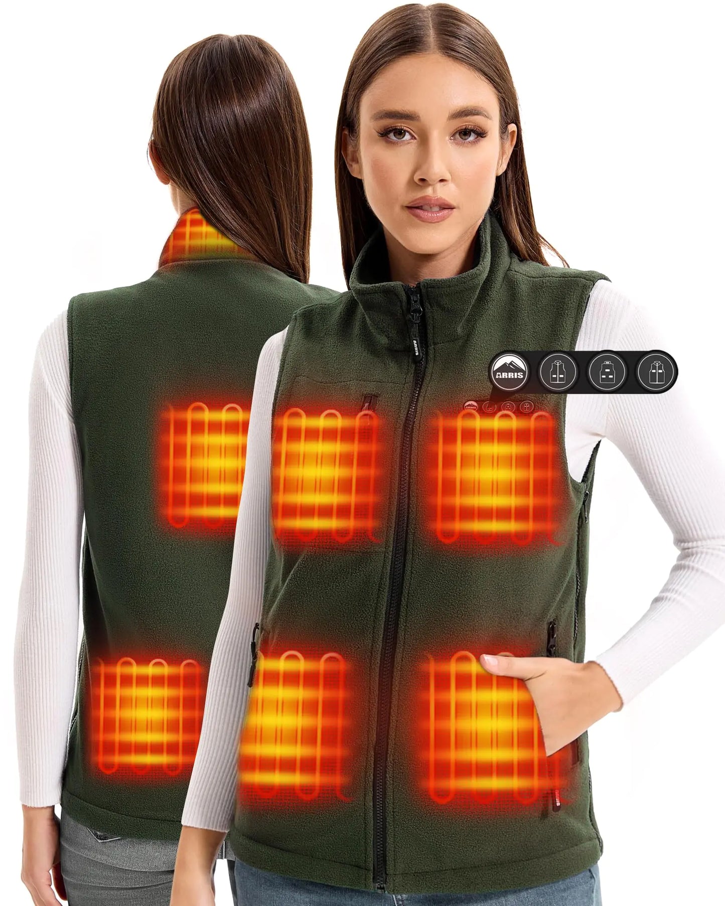 ARRIS Women`s Fleece Heated Vest with 7.4V Battery Pack Size Adjustable 8 Heating Zones Heating Clothing for Women Army Green
