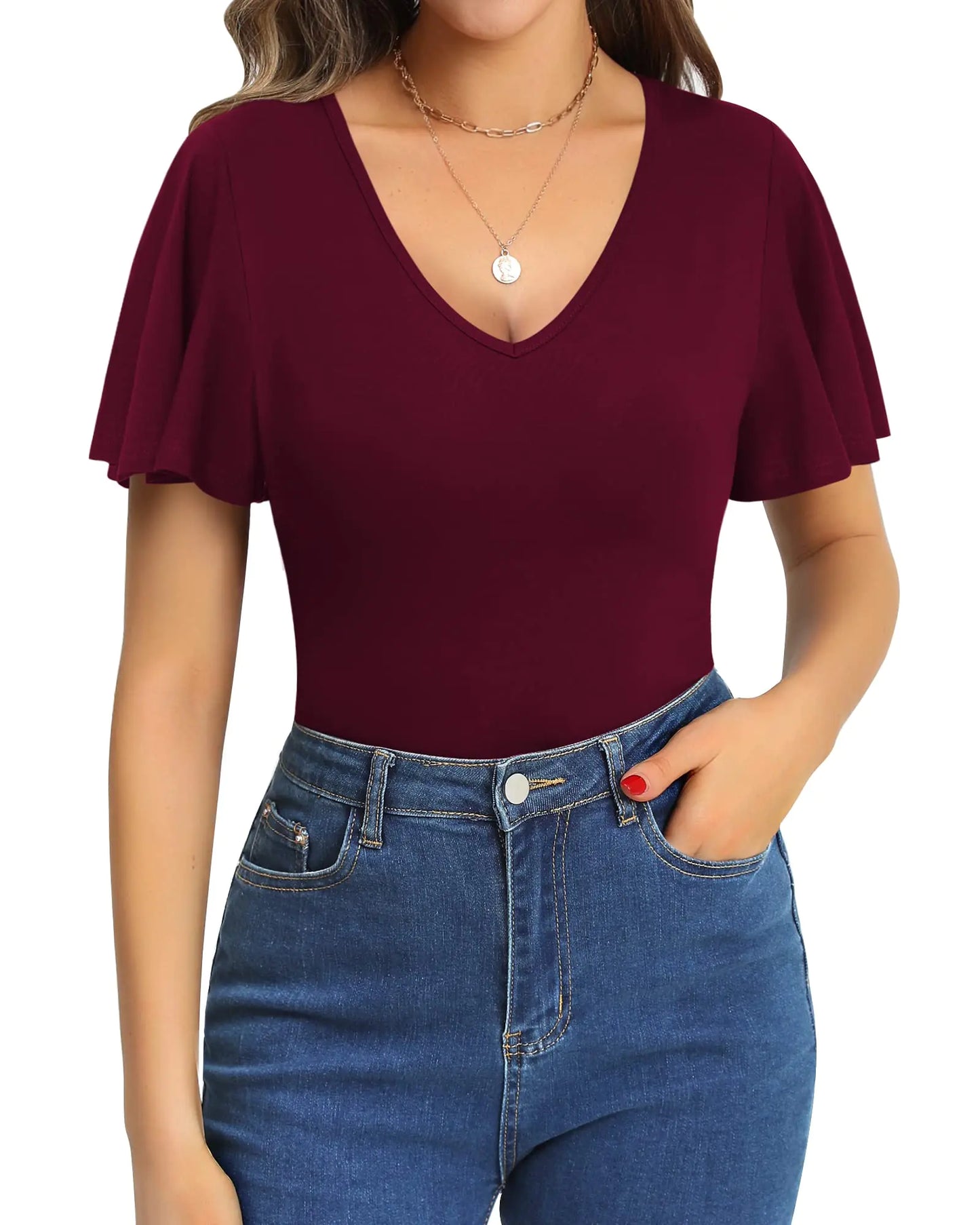 MANGOPOP Womens Deep V Neck Ruffle Short Sleeve Tops Sexy Bodysuit for Women Clothing