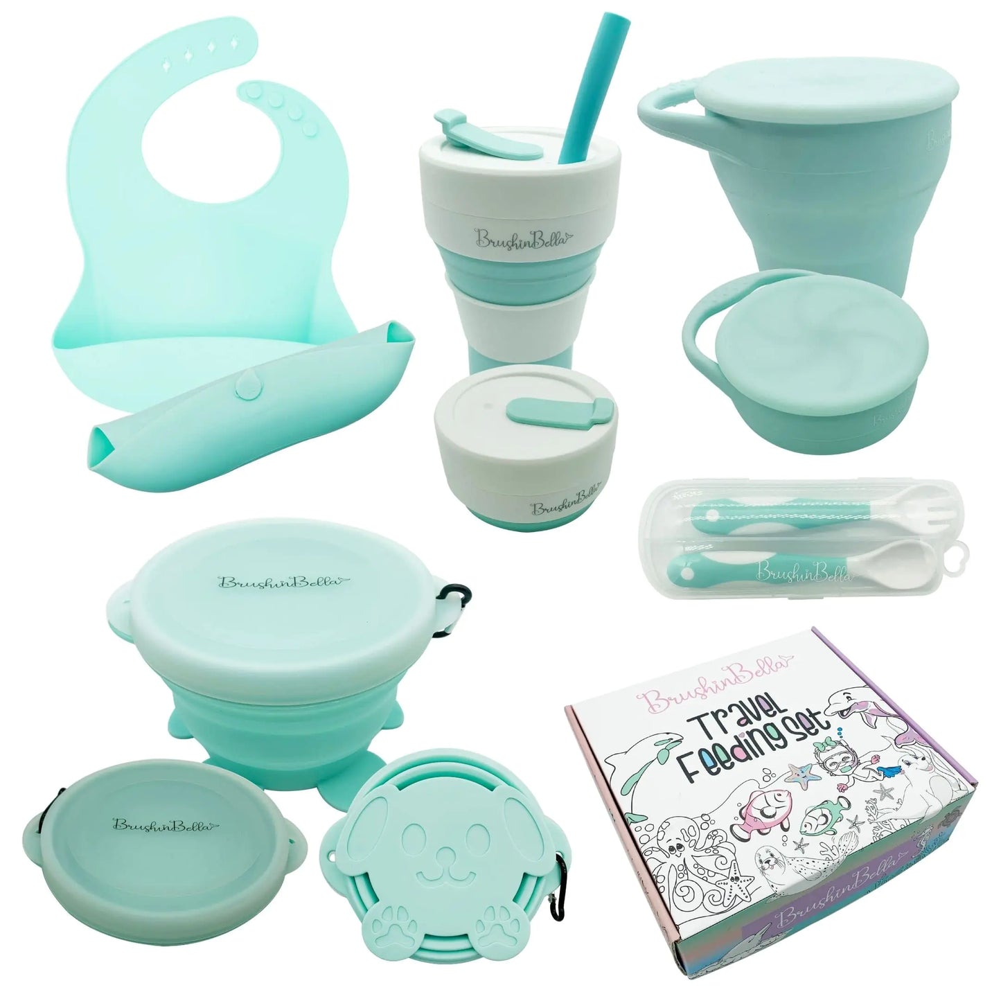 BrushinBella Baby Feeding Set - Collapsible Feeding Supplies for Travel - Food Grade Silicone Suction Baby Bowl Baby Plate Baby Bib Baby Spoons First Stage - Cute Baby Eating Supplies Toddler Gift