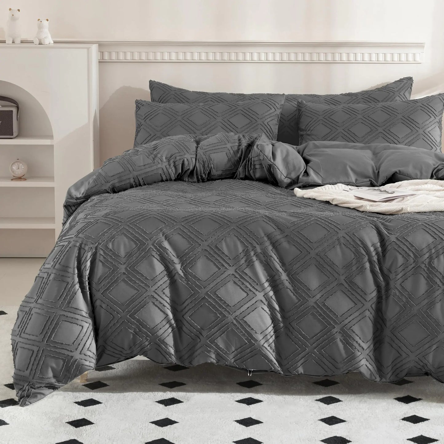JELLYMONI Dark Grey Duvet Cover Twin Size - 3 PCS Microfiber Tufted Duvet Cover Set Boho Textured Duvet Cover Jacquard Rhombus Geometric Pattern Duvet Cover with Corner Ties & Zipper Closure