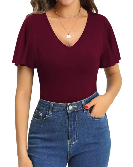 MANGOPOP Womens Deep V Neck Ruffle Short Sleeve Tops Sexy Bodysuit for Women Clothing