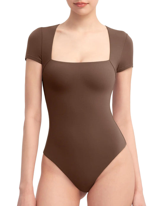PUMIEY Square Neck Bodysuits For Women Short Sleeve Body Suit Slimming Going Out Tops Womens Clothing ChocolateMedium