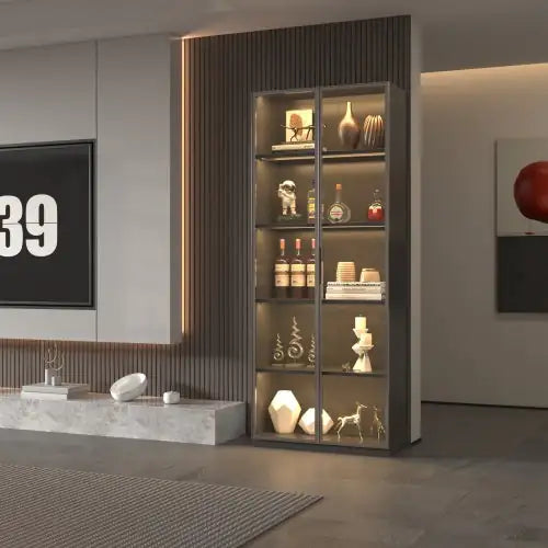 Best Selling New Design Double Door Metal Glass Display Cabinet With Living Room Light Strip