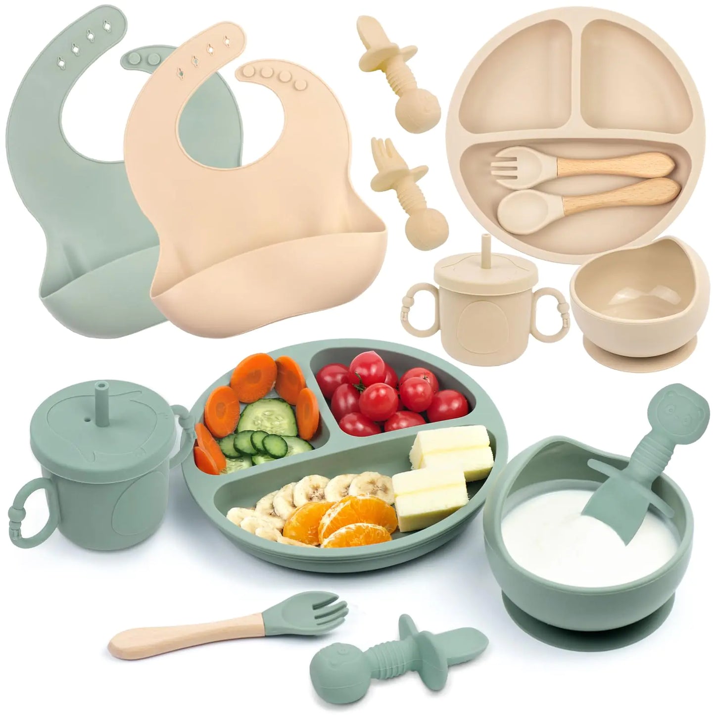 Silicone Baby Feeding Set 18PCS Baby Led Weaning Supplies Includes Baby Suction Bowls and Plates Silicone Baby Bibs Silicone Baby Cup Silicone Baby Spoons and Forks (Beige & Olive-green)