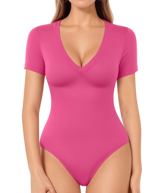 MANGOPOP Deep V Neck Short Sleeve Tops Bodysuit for Women Clothing