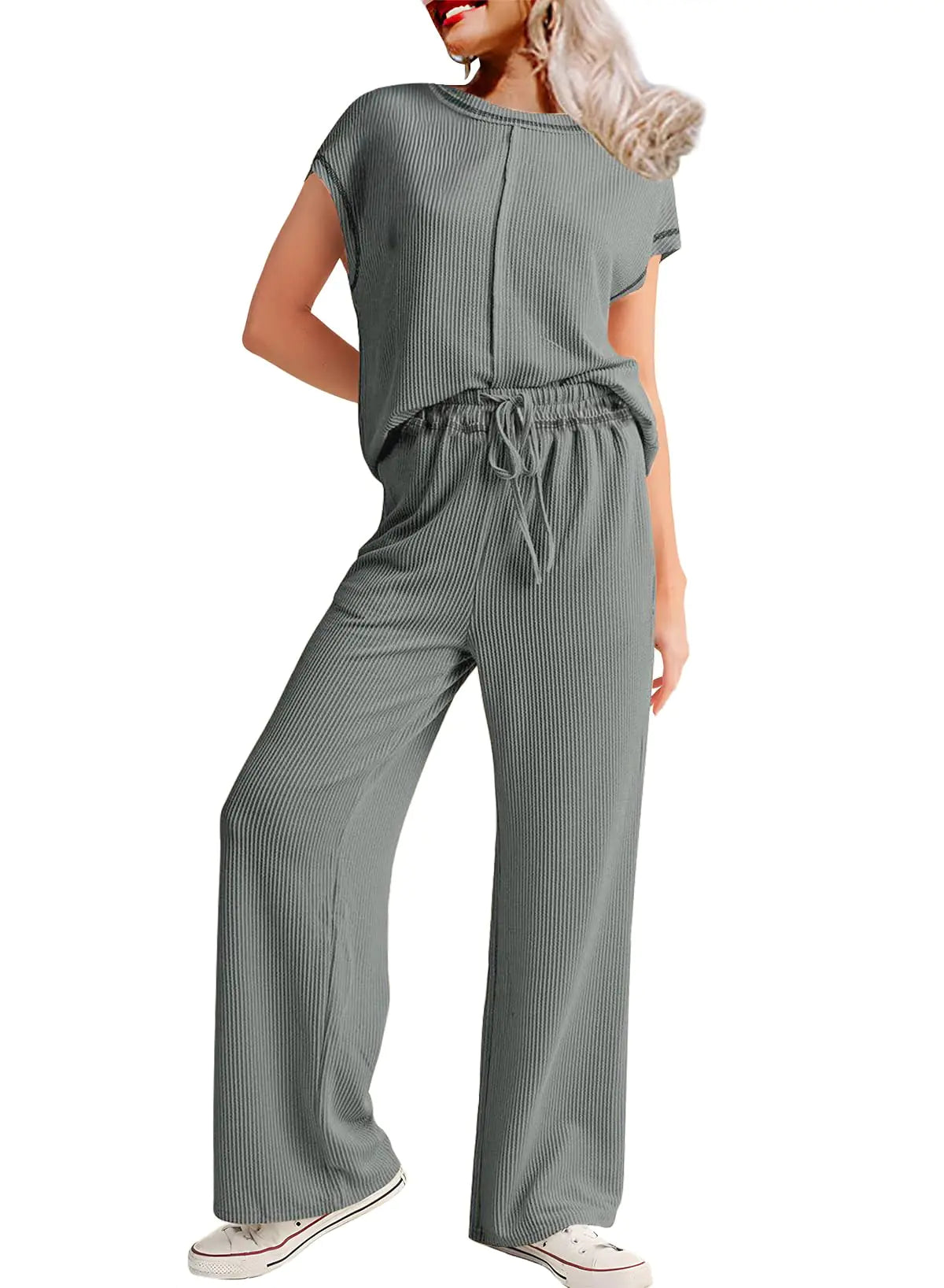 SHEWIN Two 2 Piece Sets for Women Summer 2025 Crewneck Batwing Sleeve Pullover Tops Matching Casual Pants Trendy Tracksuit Lounge Set Women Clothing Medium Grey XX-Large