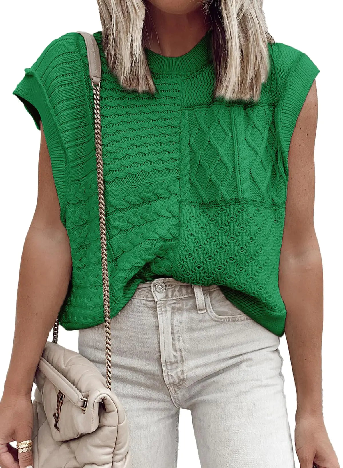 EVALESS Crochet Tops for Women 2024 Casual Cap Sleeve Crewneck Loose Knit Sweater Vest Fashion Clothing Bright Green 2XL