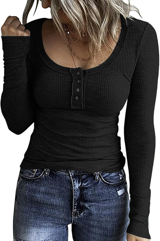GOLDPKF Long Sleeve Shirts for Women Fashion Henley Button Down Knit Fall Tshirts for Women Clothing Casual Basic Womens Henley Tops Black Small